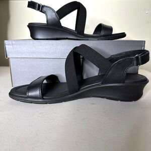 ECCO Felicia Comfort Wedge Sandal Black Strappy Slingback Leather 10-10.5 NWB